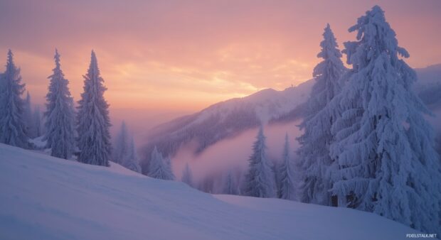 A snowy peak bathed in soft pink and orange hues of dawn, with rolling white slopes.