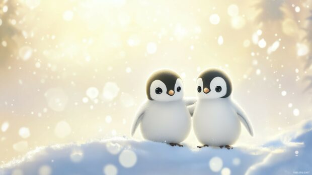 A soft, cute design with two smiling penguins standing on a patch of ice under a gentle snowfall.