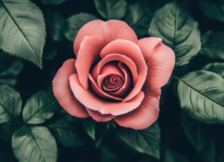 A soft focus image of a blooming pink rose with delicate petals, surrounded by lush green leaves.