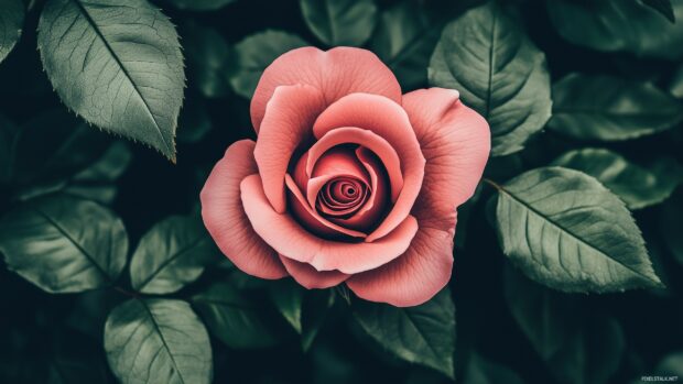 A soft focus image of a blooming pink rose with delicate petals, surrounded by lush green leaves.