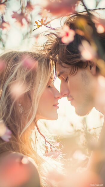 A soft focus image of a couple sharing a kiss under a tree with falling cherry blossoms, capturing a moment of pure love.