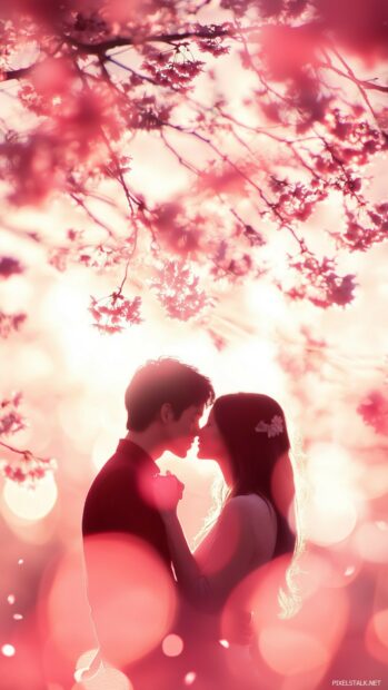 A soft focus image of a couple sharing a kiss under a tree with falling cherry blossoms, capturing a moment of pure love, Pink love wallpaper for mobile background.