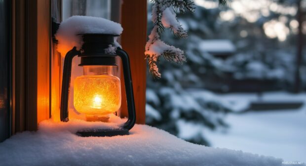 A soft, glowing Christmas lantern on a snowy windowsill.