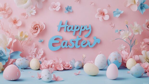 A soft pastel background with the words Happy Easter written in bold, cheerful letters, with a scattering of Easter eggs and springtime foliage surrounding the text.