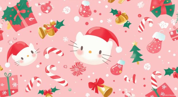 A soft pink background featuring Hello Kitty with Christmas bells and candy canes.