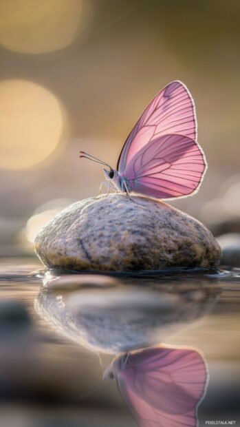 A soft pink butterfly resting on a smooth rock by a serene stream.