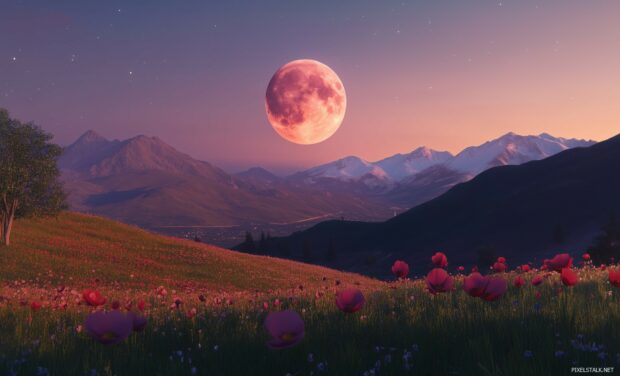 A soft pink moon rising above a peaceful meadow filled with blooming wildflowers.