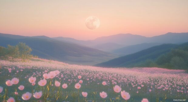 A soft pink moon rising above a peaceful meadow filled with blooming wildflowers.