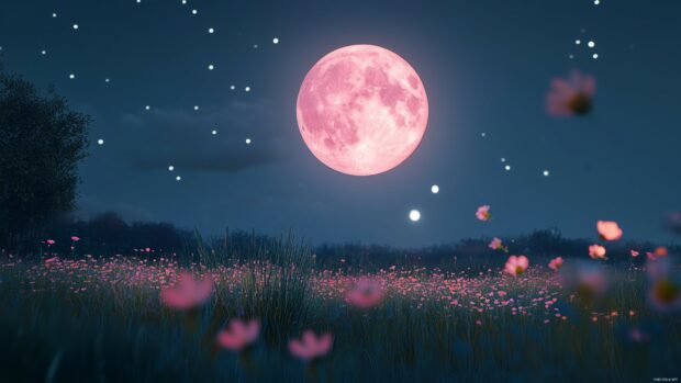 A soft pink moon rising above a peaceful meadow filled with blooming wildflowers, its warm light gently illuminating the landscape under a clear night sky.