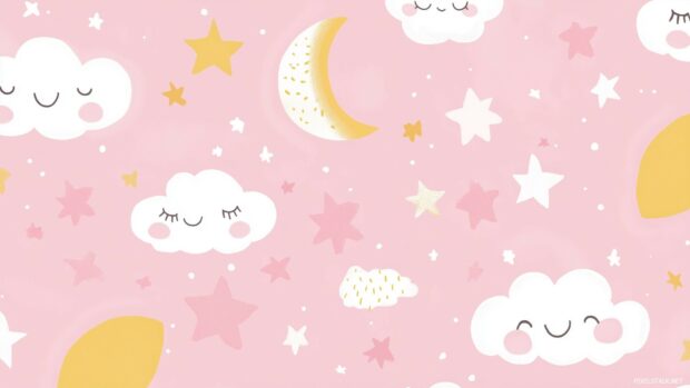 A soft pink wallpaper featuring cute clouds, stars, and moon illustrations.