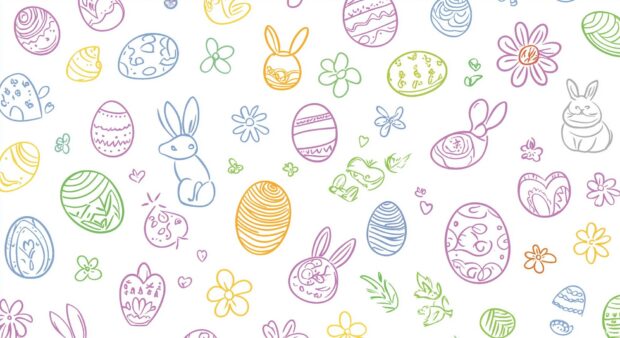 A soft, repetitive pattern of Easter themed icons, including eggs, bunnies, and flowers, in a geometric grid with gentle vector lines.