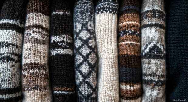 A sophisticated pattern of overlapping woolen sweaters, knitted textures, and Nordic style motifs in muted winter tones.