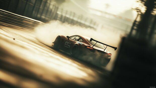 A sports car drifting around a sharp corner on a racetrack, Race car wallpaper 4K.