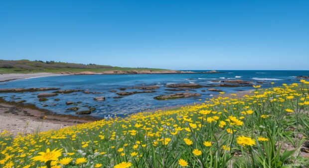 A spring day at the beach with blooming coastal flowers.