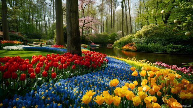 A spring garden bursting with colorful tulips and daisies.