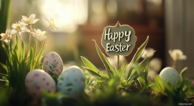 A springtime Easter egg hunt scene with the text Happy Easter at the center, surrounded by decorative eggs and blooming flowers.