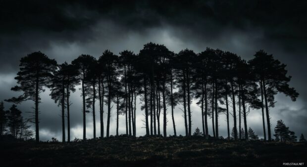 A stark dark forest landscape with stark silhouettes of trees against a dark, brooding sky.