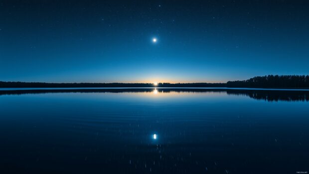 A starry night sky 4K wallpaper with the moon reflecting on calm water, the stars above mirrored in the rippling surface.