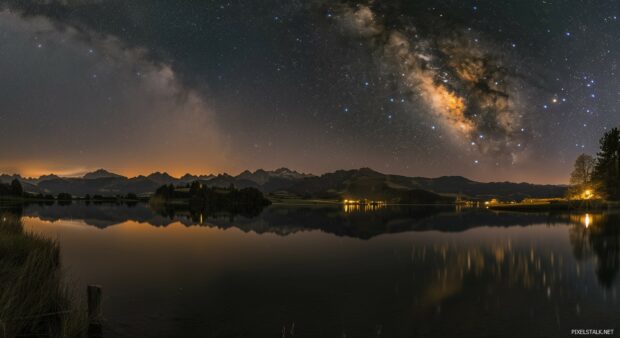 A starry night sky over a quiet, serene lake with mountains in the background.