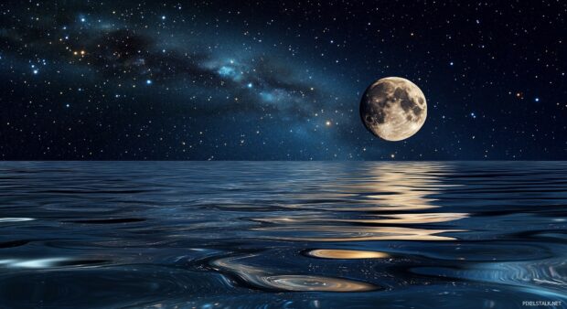 A starry night sky with the moon reflecting on calm water, the stars above mirrored in the rippling surface.