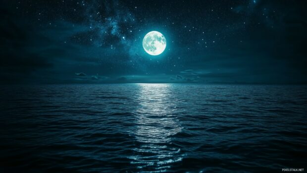 A starry night sky with the moon reflecting on calm water, the stars above mirrored in the rippling surface.