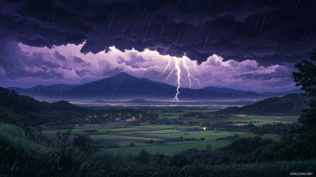 A stormy Anime sky, dark clouds rolling over a peaceful city, with a dramatic contrast of lightning in the background.