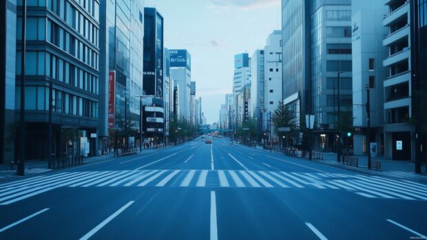 A straight road leading into a simple, modern city 4K wallpaper with minimal details.