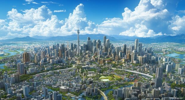 A straightforward cityscape with a few key landmarks and a clean, uncluttered background.