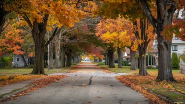 A street lined with trees in full autumn colors, fallen leaves covering the sidewalk.