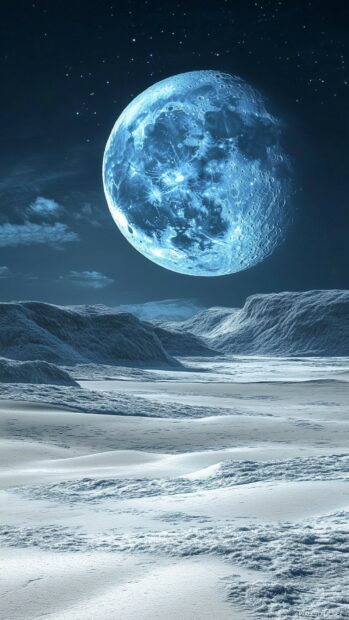 A striking Blue Moon rising above a quiet, snow covered landscape, with its cool blue light casting a serene glow over the icy terrain.