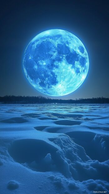 A striking Blue Moon rising above a quiet, snow covered landscape, with its cool blue light casting a serene glow over the icy terrain.