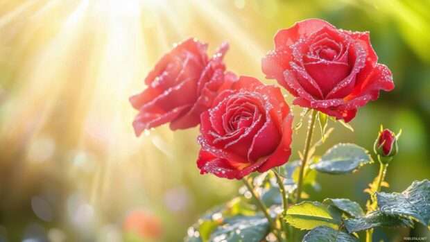 A striking background of dew covered red roses in a garden at dawn, capturing the beauty of nature.