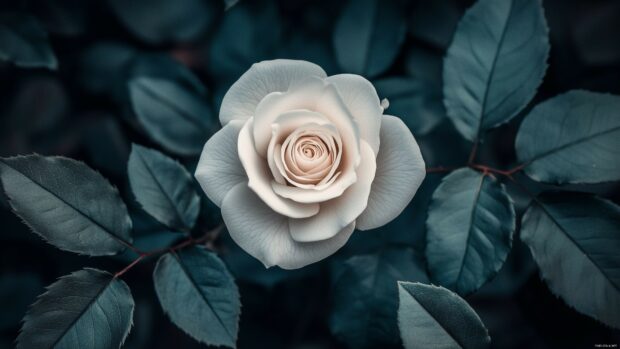 A striking image of a white rose surrounded by dark, moody foliage.