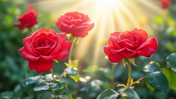 A striking image of dew covered red roses in a garden at dawn.