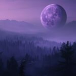 A striking purple moon hanging low in the sky above a dark, misty forest.