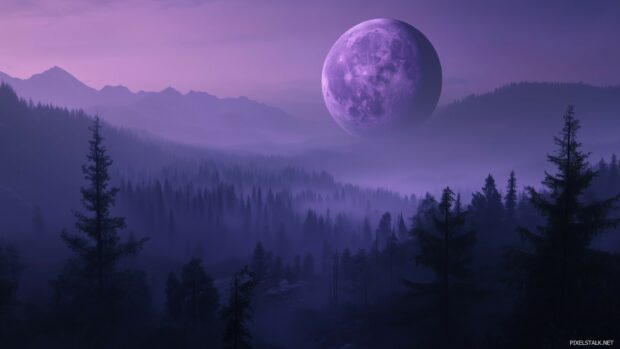 A striking purple moon hanging low in the sky above a dark, misty forest.