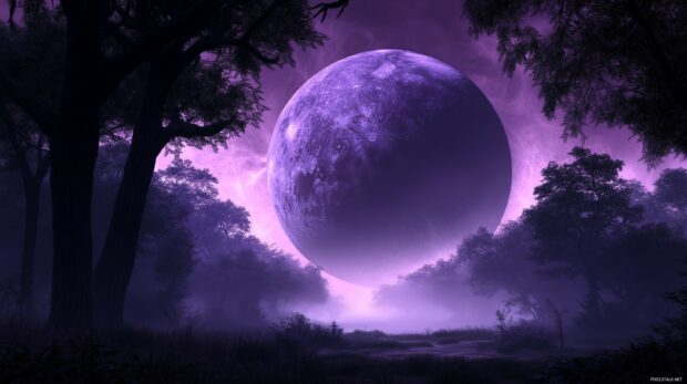 A striking purple moon hanging low in the sky above a dark, misty forest, with its light casting deep shadows.