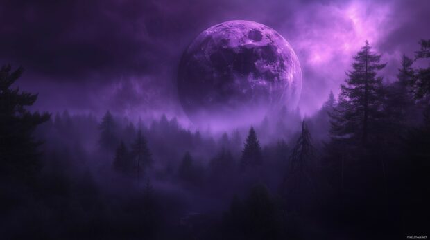 A striking purple moon hanging low in the sky above a dark, misty forest, with its light casting deep shadows and enhancing the mysterious, enchanting feel of the landscape.