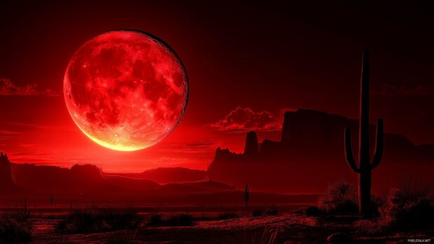 A striking red moon rising over a silhouetted desert landscape, with deep red hues reflecting off the sand dunes.