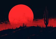 A striking red moon rising over a silhouetted desert landscape, with deep red hues reflecting off the sand dunes and a few scattered cacti.