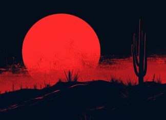 A striking red moon rising over a silhouetted desert landscape, with deep red hues reflecting off the sand dunes and a few scattered cacti.