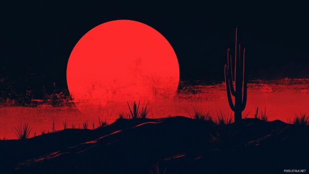 A striking red moon rising over a silhouetted desert landscape, with deep red hues reflecting off the sand dunes and a few scattered cacti.