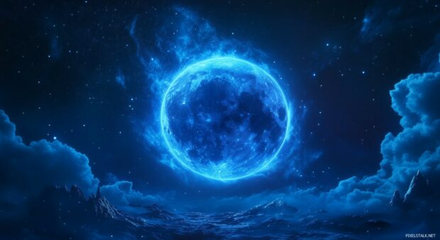 A stunning Blue Moon in a starry night sky, surrounded by wispy, translucent clouds and bathed in a soft, mystical blue light.