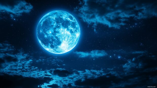 A stunning Blue Moon in a starry night sky, surrounded by wispy, translucent clouds and bathed in a soft, mystical blue light that illuminates the dark expanse.