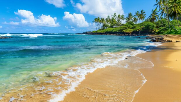 A stunning Hawaii beach desktop wallpaper 4K with golden sand and crystal clear turquoise waters.