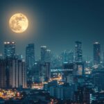 A stunning cityscape at night 1920x1080 Wallpaper with a brilliant full moon hanging over a bustling skyline, casting a gentle light on the city streets and buildings.