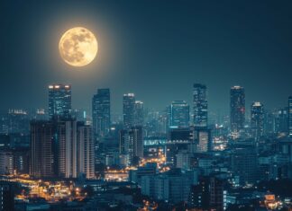 A stunning cityscape at night 1920x1080 Wallpaper with a brilliant full moon hanging over a bustling skyline, casting a gentle light on the city streets and buildings.