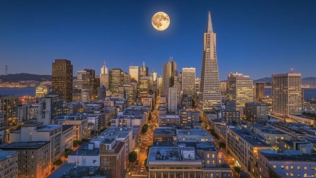 A stunning cityscape at night with a brilliant full moon hanging over a bustling skyline.