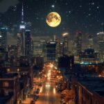 A stunning cityscape at night with a brilliant full moon hanging over a bustling skyline, casting a gentle light on the city streets and buildings.