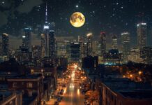 A stunning cityscape at night with a brilliant full moon hanging over a bustling skyline, casting a gentle light on the city streets and buildings.